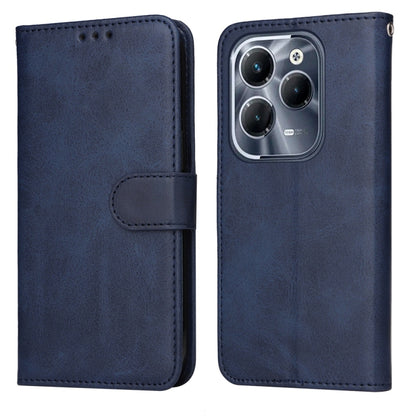 Flip leather phone case with calf texture, navy blue finish, card slot and buckle strap