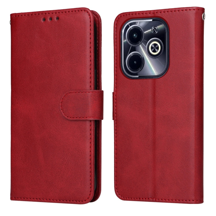 Flip leather phone case with calf texture, red finish, card slot and buckle strap