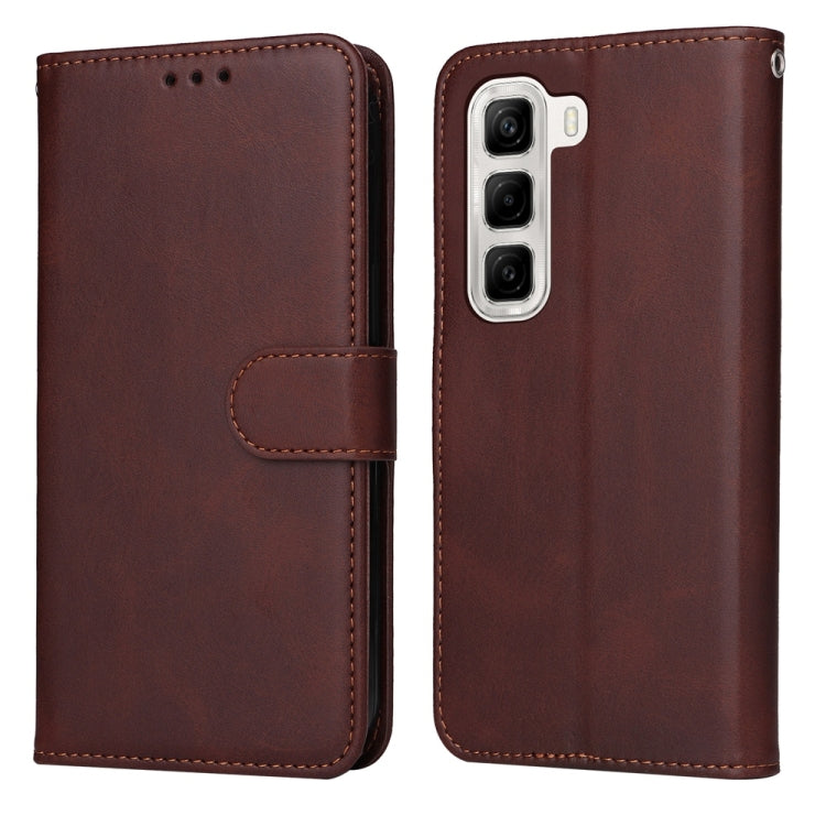 Calf-texture flip leather phone case, brown, with magnetic strap and camera openings