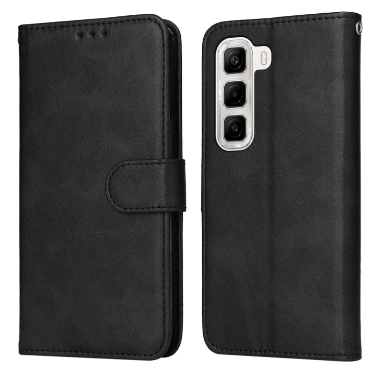 Calf-texture flip leather phone case, black, with magnetic strap and cutouts