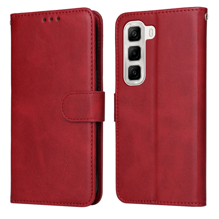 Calf-texture flip leather phone case, red, with magnetic strap and camera openings