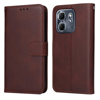 Calf-texture flip leather phone case, brown, with front cover and camera cutout