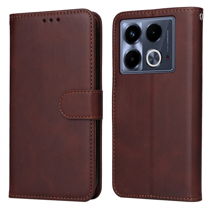 Flip leather phone case with calf texture, brown, magnetic strap, camera cutout.