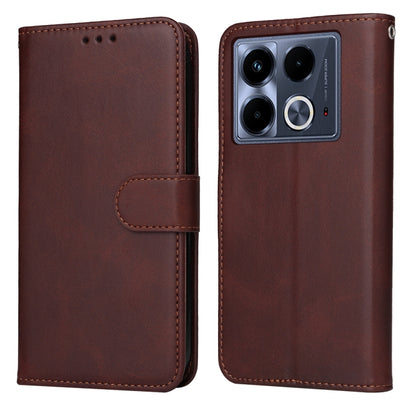 Flip leather phone case with calf texture, brown, magnetic strap, camera cutout.