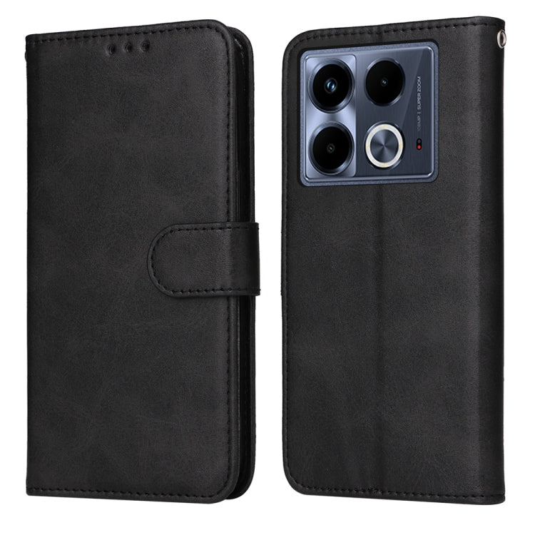 Flip leather phone case with calf texture, black, magnetic strap, camera cutout.
