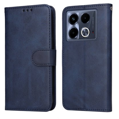 Flip leather phone case with calf texture, dark blue finish, card slot and buckle strap