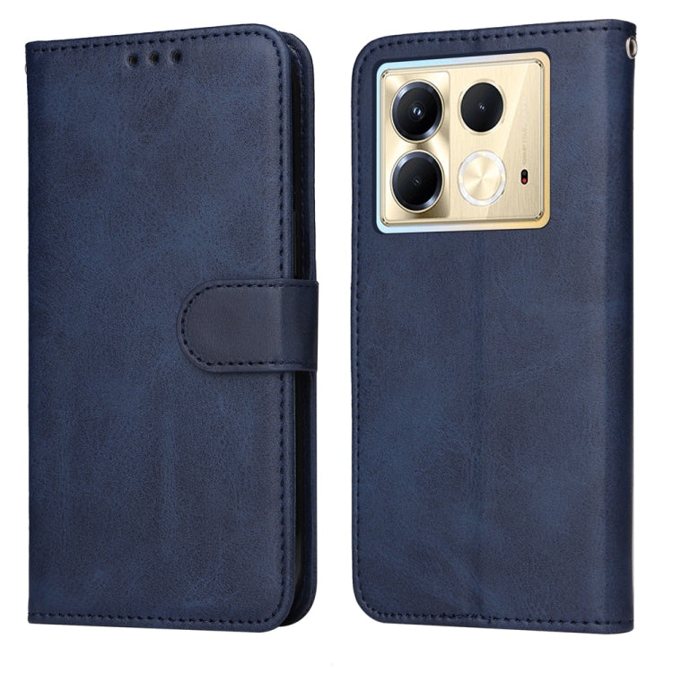 Flip leather phone case with calf texture, dark blue, magnetic strap, camera cutout.
