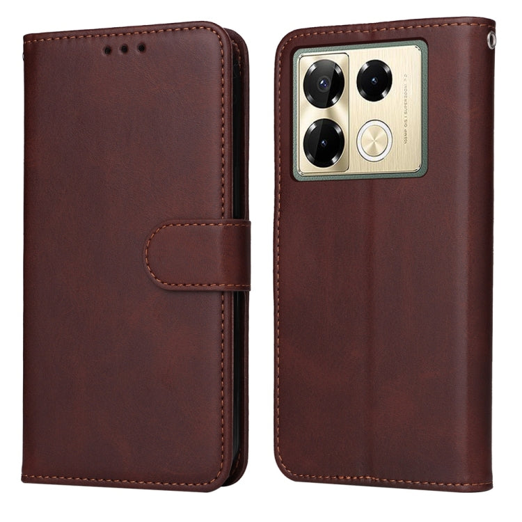 Flip leather phone case with calf texture, brown, magnetic strap, camera cutout.