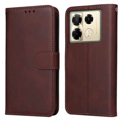 Flip leather phone case with calf texture, brown, magnetic strap, camera cutout.