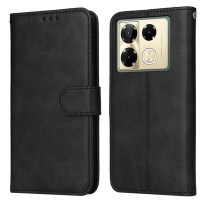 Flip leather phone case with calf texture, black, magnetic strap, camera cutout.