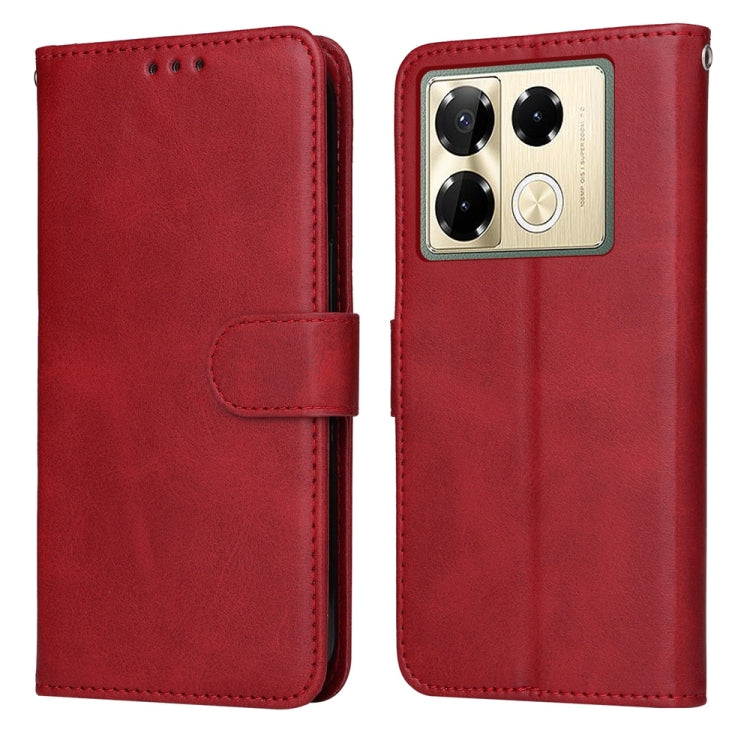 Flip leather phone case with calf texture, red, magnetic strap, camera cutout.
