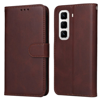Calf-texture flip leather phone case, dark brown, with front cover and camera cutout