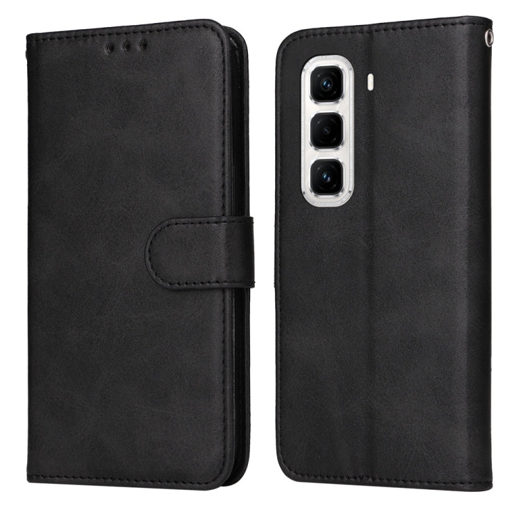 Calf-texture flip leather phone case, charcoal black, with front cover and camera cutout