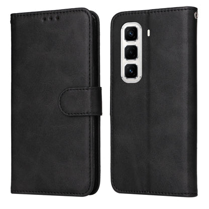 Calf-texture flip leather phone case, charcoal black, with front cover and camera cutout