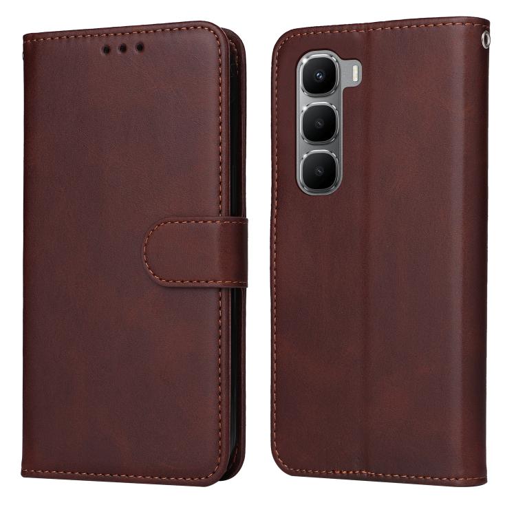 Brown flip leather phone case with folio flap and magnetic strap, stitched edges