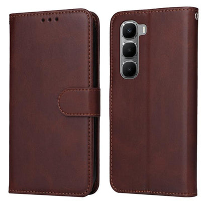Brown flip leather phone case with folio flap and magnetic strap, stitched edges
