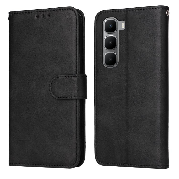 Black flip leather phone case with folio flap and magnetic strap, camera cutouts