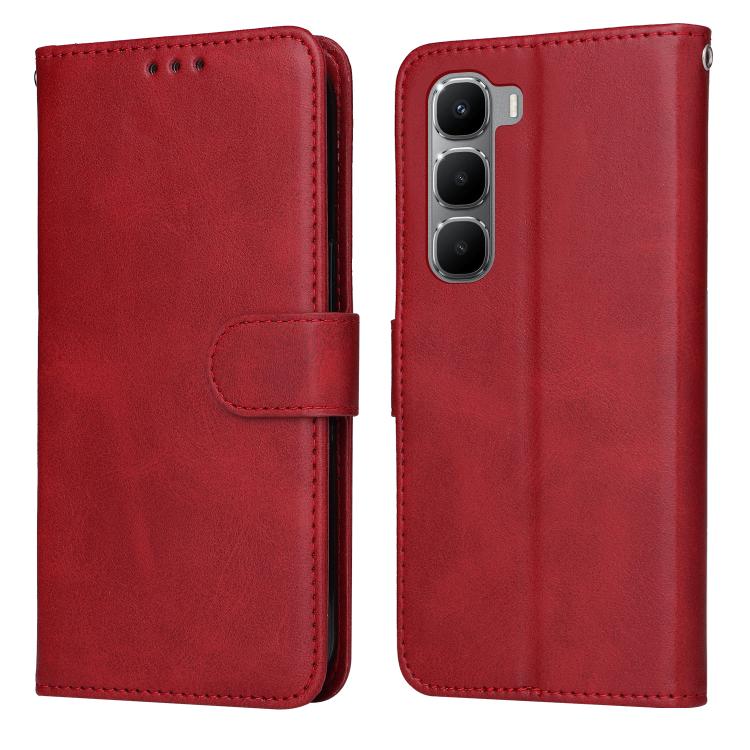 Red flip leather phone case with folio flap and magnetic strap, stitched border