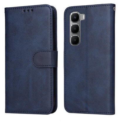 Blue flip leather phone case with folio flap and magnetic strap, front and back view