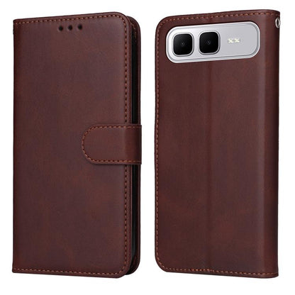 Brown calf-texture leather flip phone case with foldover cover and dual-camera cutout