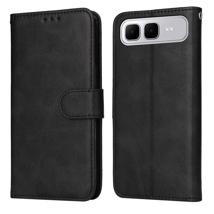 Black calf-texture leather flip phone case with foldover cover and side camera cutout