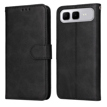 Black calf-texture leather flip phone case with foldover cover and side camera cutout