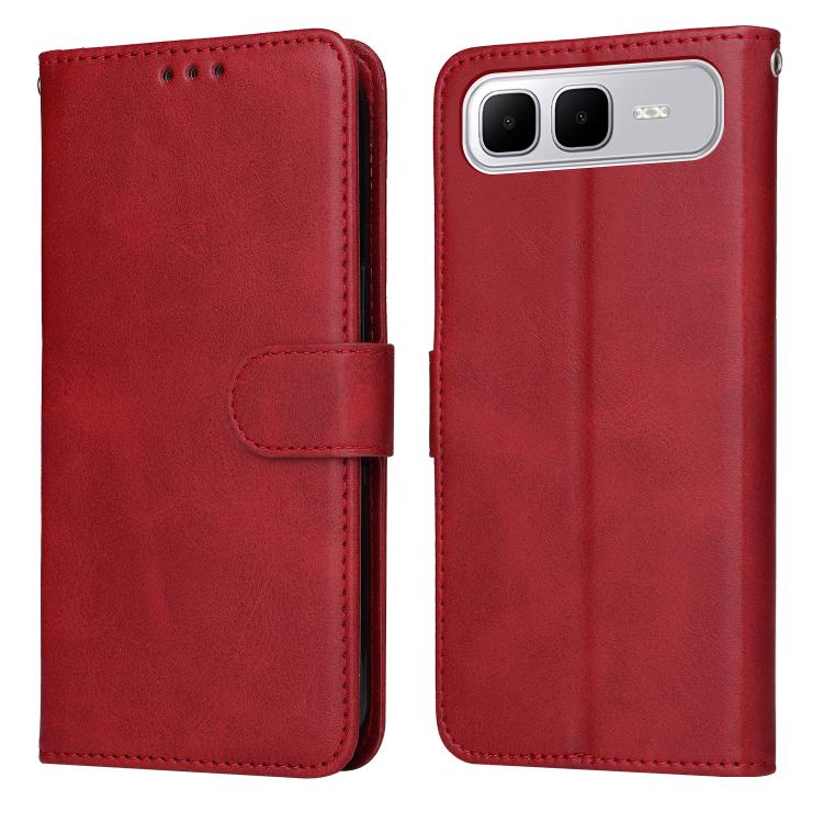 Red calf-texture leather flip phone case with foldover cover and dual-camera cutout