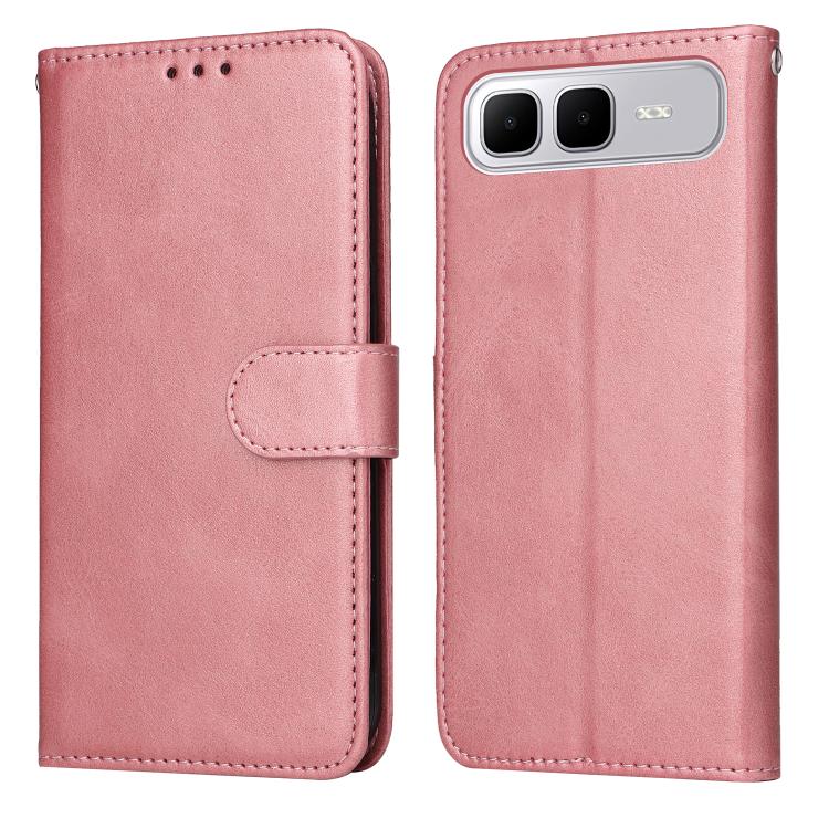 Rose pink calf-texture leather flip phone case with foldover cover and dual-camera cutout
