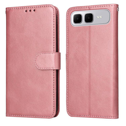 Rose pink calf-texture leather flip phone case with foldover cover and dual-camera cutout