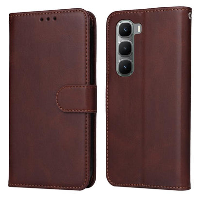 Brown calf-texture leather flip phone case with foldover cover and stitched strap