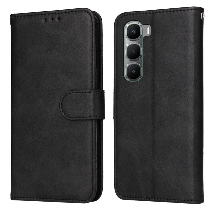 Black calf-texture leather flip phone case with foldover cover and buttonless strap