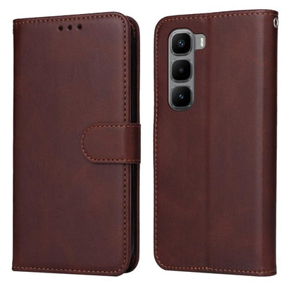 Brown flip leather phone case with folio flap and magnetic strap, front and back view