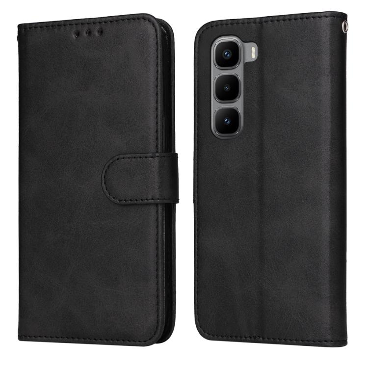 Black flip leather phone case with folio flap and magnetic strap, front and back view
