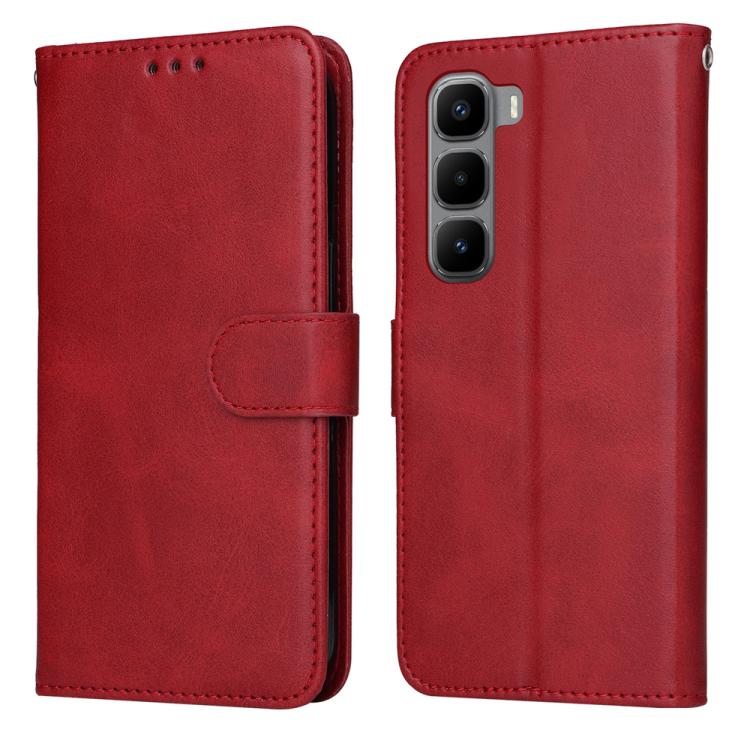 Red flip leather phone case with folio flap and magnetic strap, front and back view