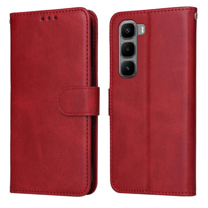 Red flip leather phone case with folio flap and magnetic strap, front and back view