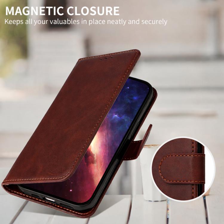 Brown flip phone case with magnetic-style closure and protective front flap