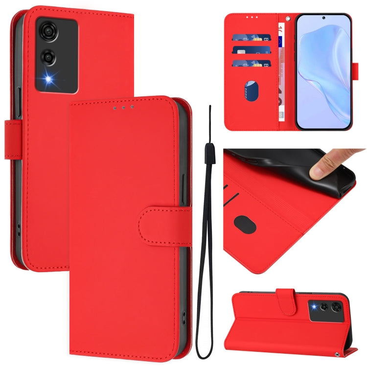 Red leather wallet phone case with lanyard, flip cover, card slot and kickstand