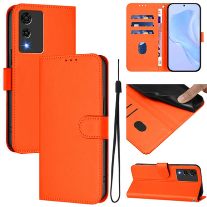Orange leather wallet phone case with lanyard, flip cover and camera cutout