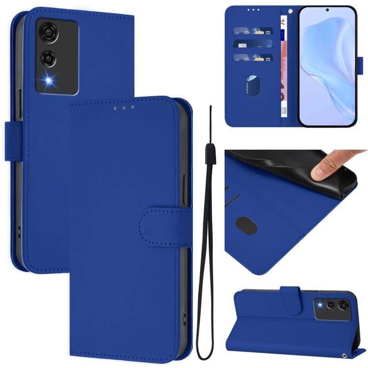 Dark blue leather phone case with lanyard, front wallet flap, card slot