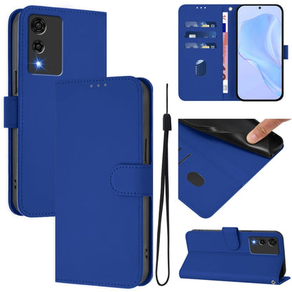 Dark blue leather phone case with lanyard, front wallet flap, card slot