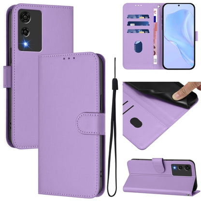 Lavender purple leather phone case with lanyard, front wallet flap, card slot