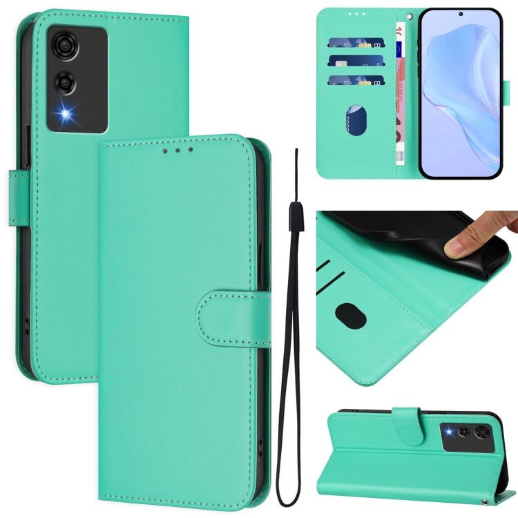Mint green leather phone case with lanyard, front wallet flap, card slot