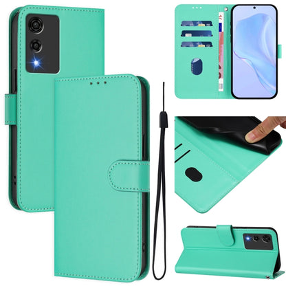 Mint green leather phone case with lanyard, front wallet flap, card slot