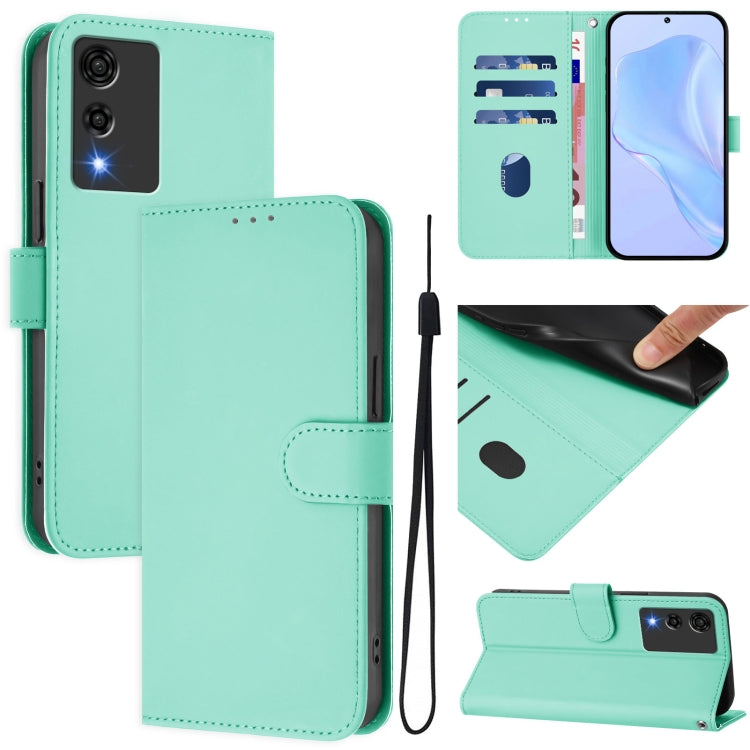 Light mint leather phone case with lanyard, front wallet flap, card slot