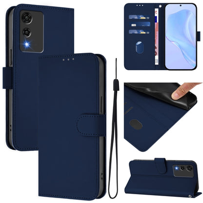 Navy blue leather phone case with lanyard, front wallet flap, card slot
