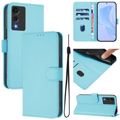 Light blue leather phone case with lanyard, folio wallet design and card slots, stand view