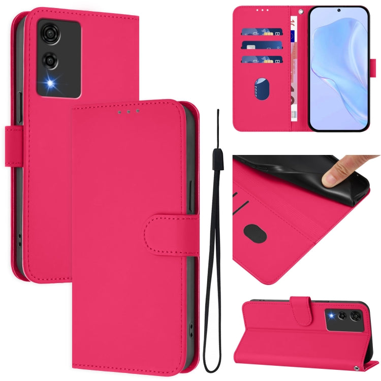 Pink leather phone case with lanyard, folio wallet design and card slots, stand view