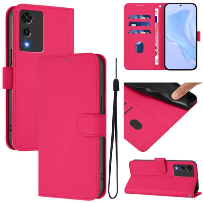 Pink leather phone case with lanyard, folio wallet design and card slots, stand view