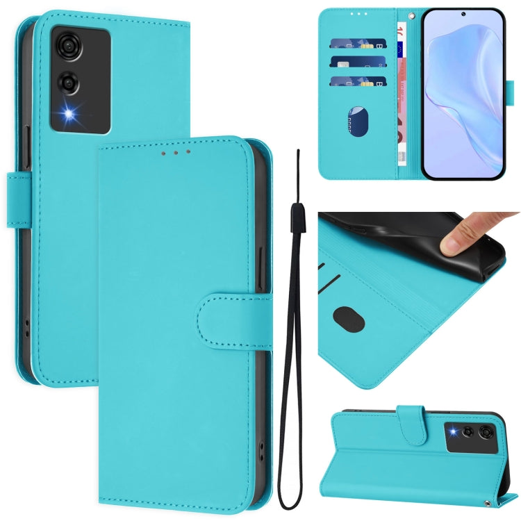 Light blue leather phone case with lanyard, folio wallet design and card slots, side view
