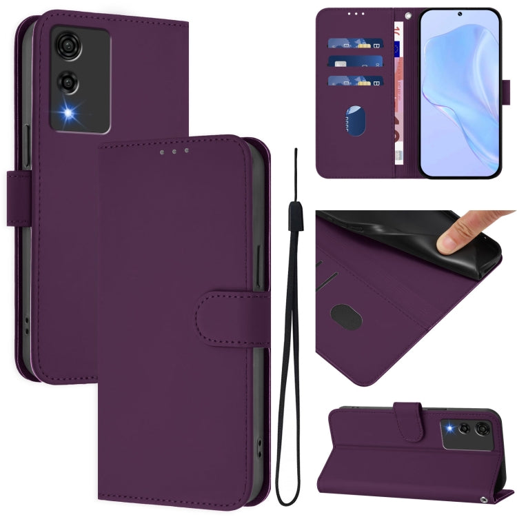 Purple leather phone case with lanyard, folio wallet design and card slots, stand view